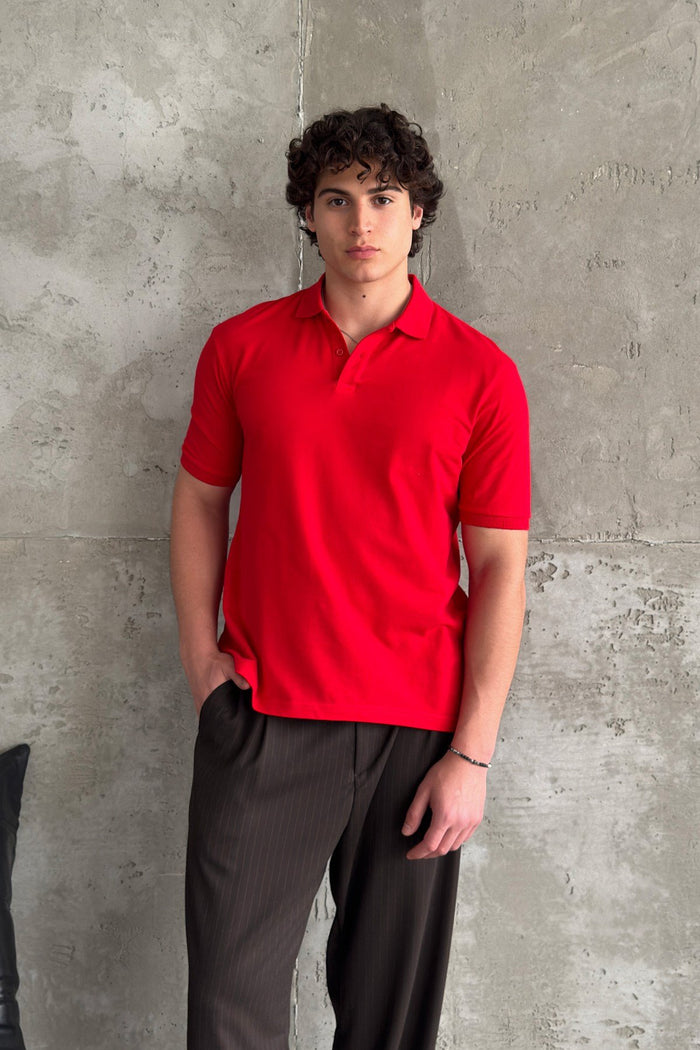 Erkek %100 Pamuk Düğmeli Polo Yaka T-Shirt Kırmızı
