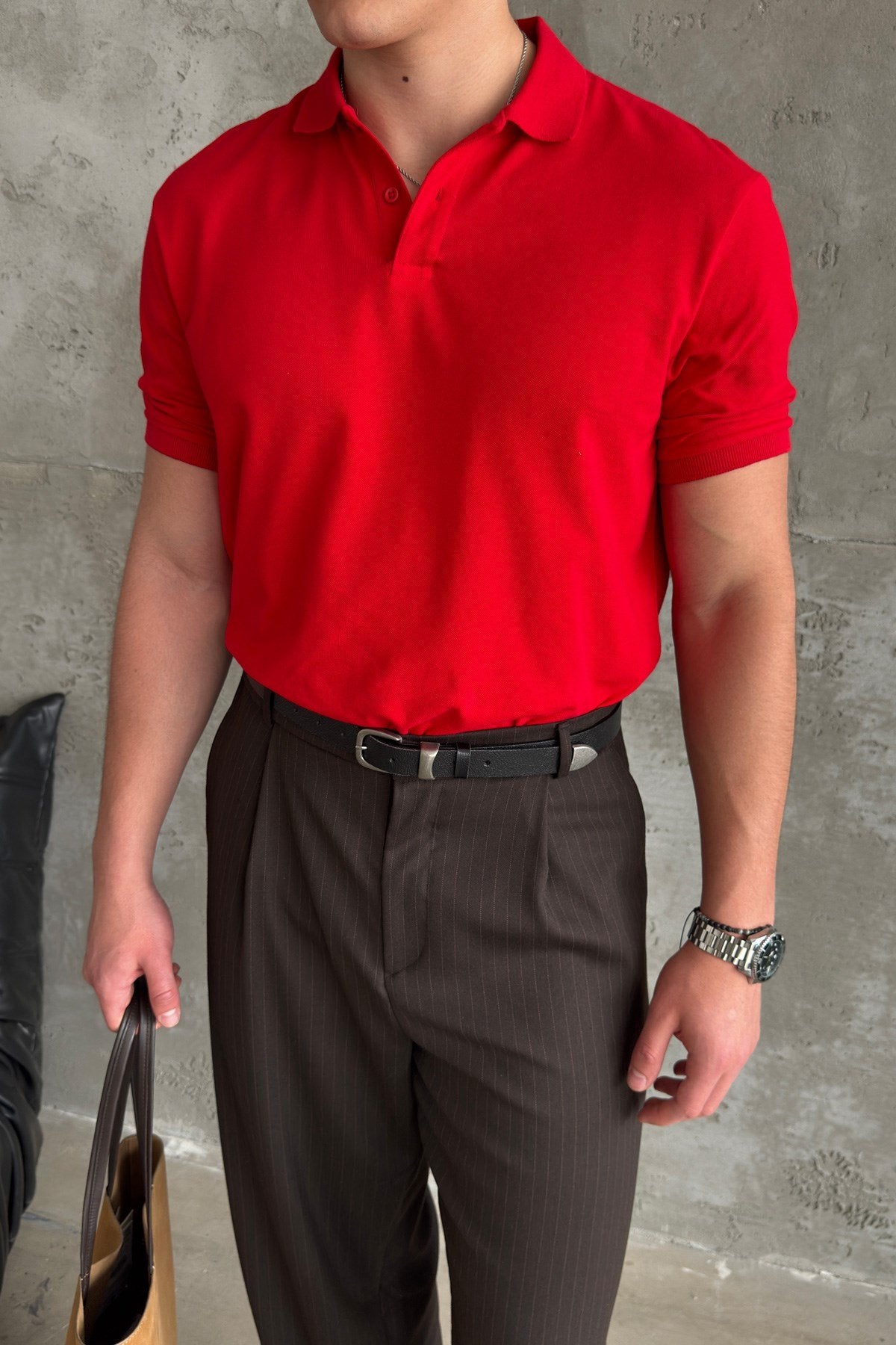 Erkek %100 Pamuk Düğmeli Polo Yaka T-Shirt Kırmızı