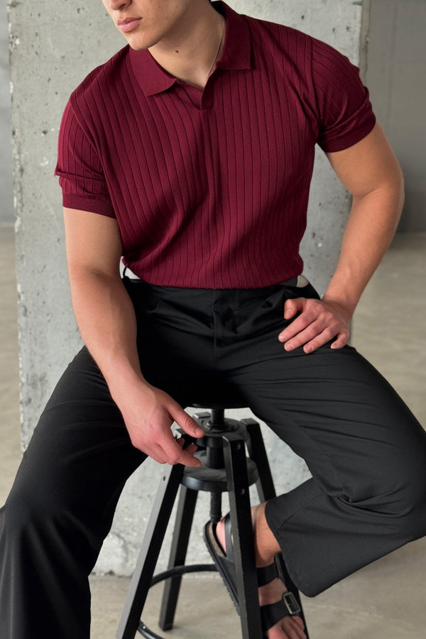 Erkek Oversize Fitilli Polo Yaka İnce Triko T-shirt Bordo