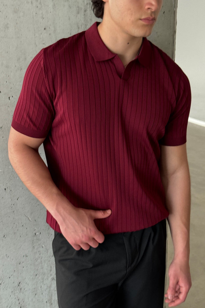 Erkek Oversize Fitilli Polo Yaka İnce Triko T-shirt Bordo