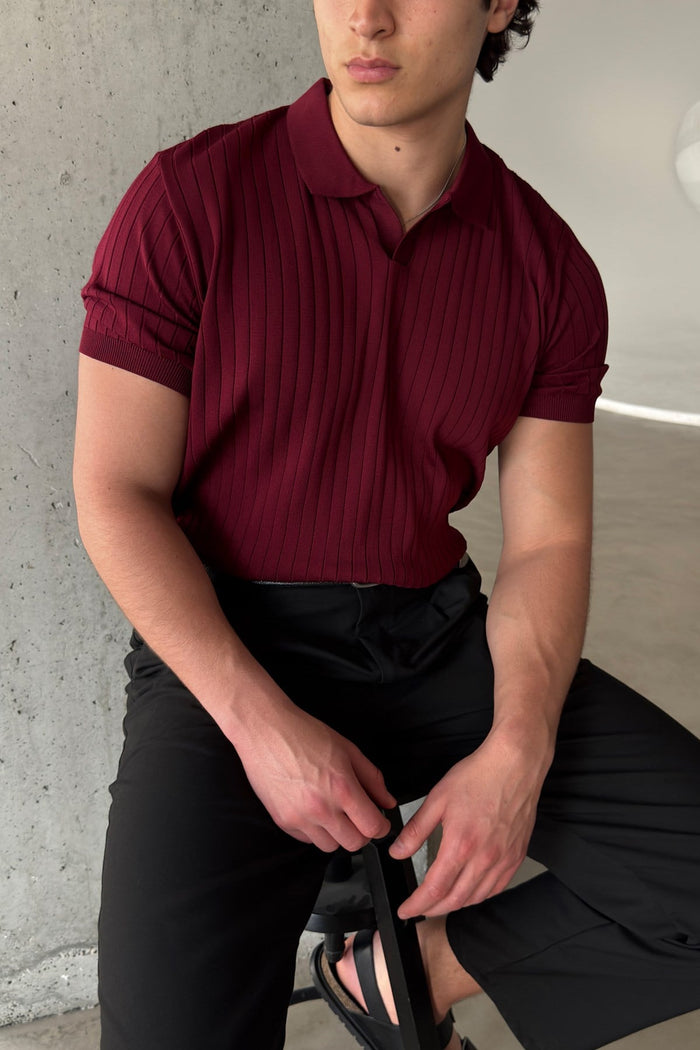 Erkek Oversize Fitilli Polo Yaka İnce Triko T-shirt Bordo