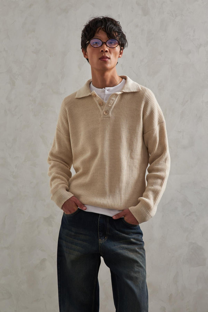 Erkek Polo Yaka Fitilli Oversize Triko Kazak Kahverengi